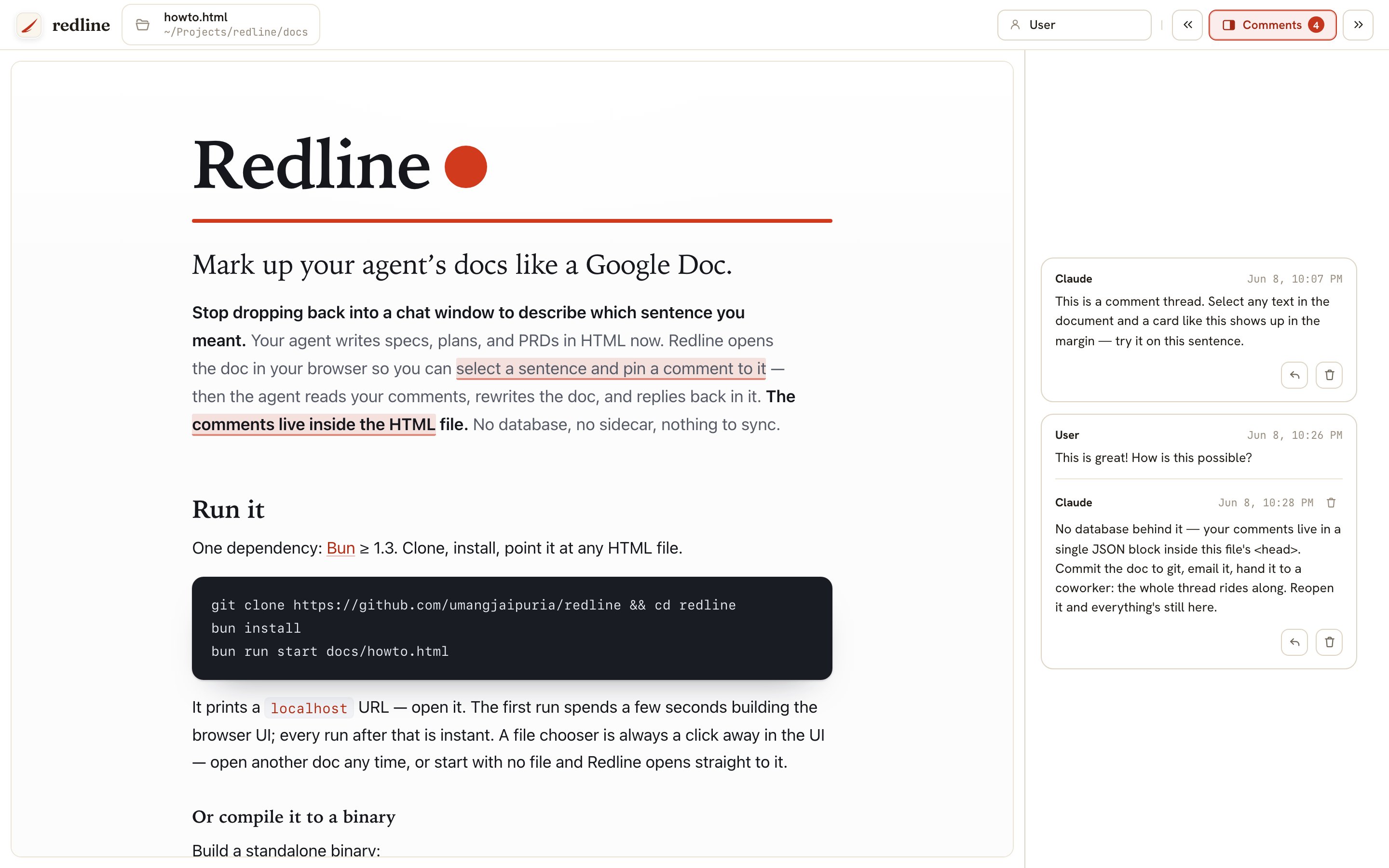 Leave comments on beautiful HTML docs created by your agent